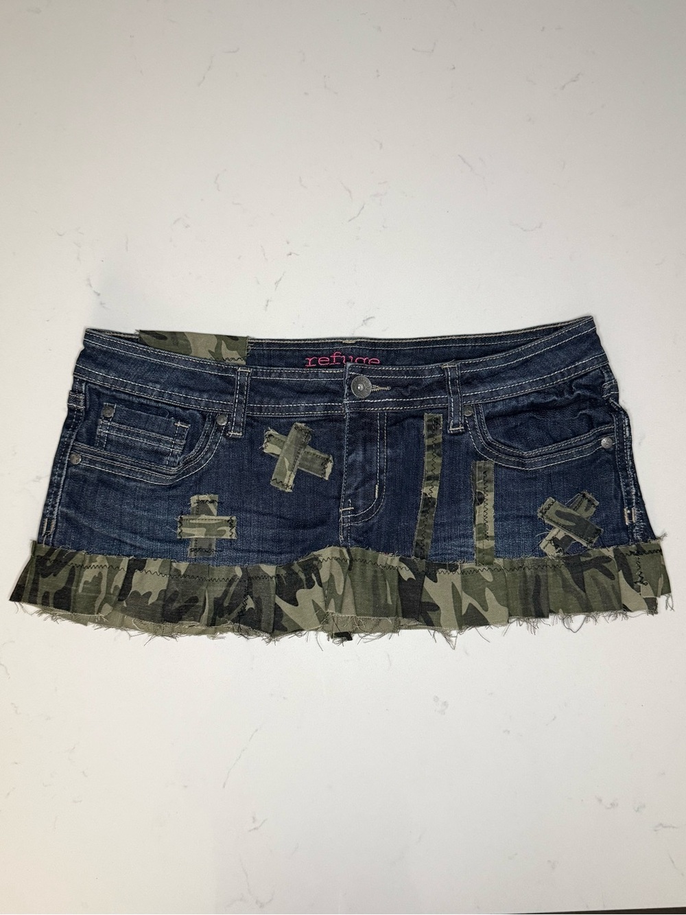 Y2K Up cycled Denim Micro Skirt with Camo Trim - Green